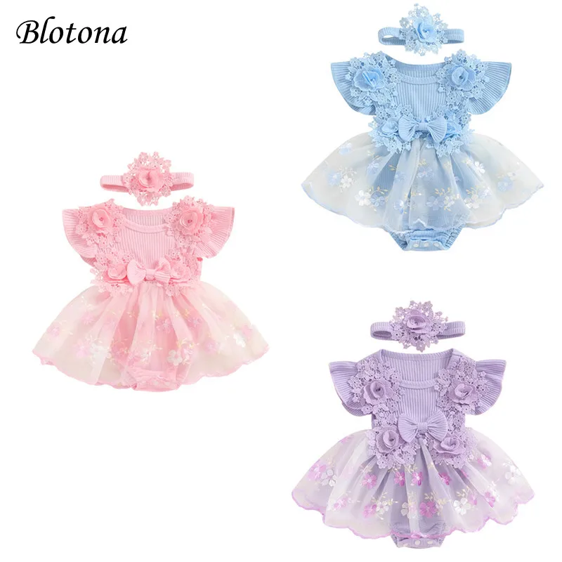 

Blotona Baby Girl 2Pcs Summer Outfits Fly Sleeve Floral Embroidered Romper Tulle Dress with Headband Set 0-18M