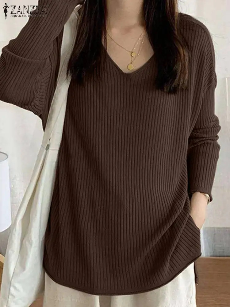 

ZANZEA Woman Fashion Ribbed Blouse Long Sleeve V-Neck Pullover Ladies Vintage Solid Tunic Tops Autumn Casual Holiday Chemise