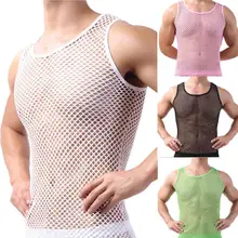 

Men Undershirt Mesh See-Through Sleepwear Fish Net Pure Color Vest for Sleeping