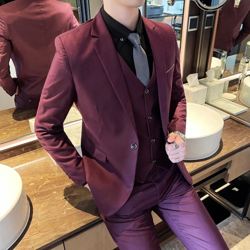 Classic Solid Color Three-Piece Set Wedding Suit Four Seasons Fashion Business Casual Handsome Suit Vest Trousers Combo
