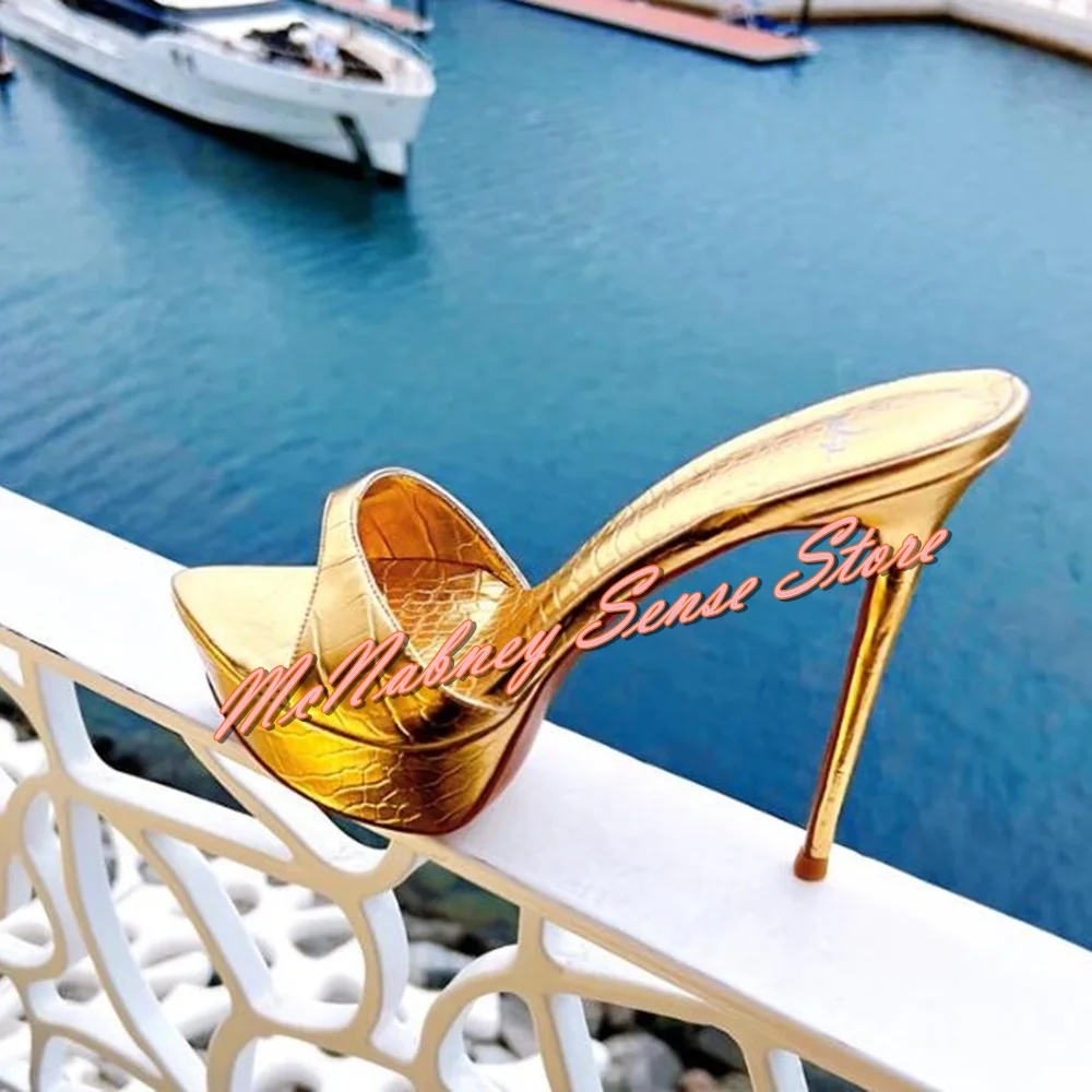 

Gold Shiny Leather Sandals Women Slide Pointy Toe Solid Slip On Summer Slipper Shoe Platform Thin High Heels Sandals Party Dress