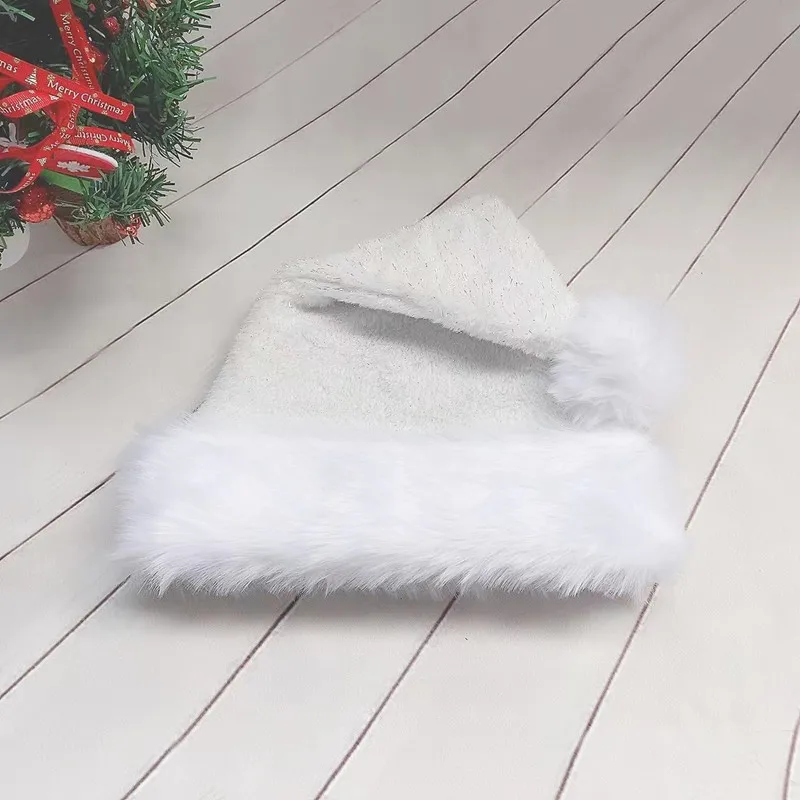 30X45CM White Plush Christmas Hat Unisex Comfort Santa Hat Christmas New Year Festive Holiday Party Supplies with Bright Silk