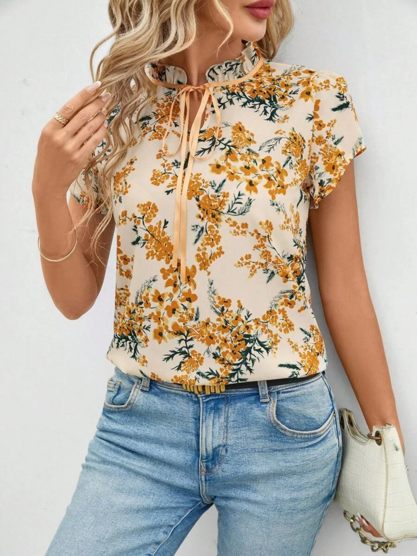 Plus Size Womens Shirt 2025 Spring Summer New Fashion High Neck Floral Print Short Sleeve T-Shirt Blouse 3