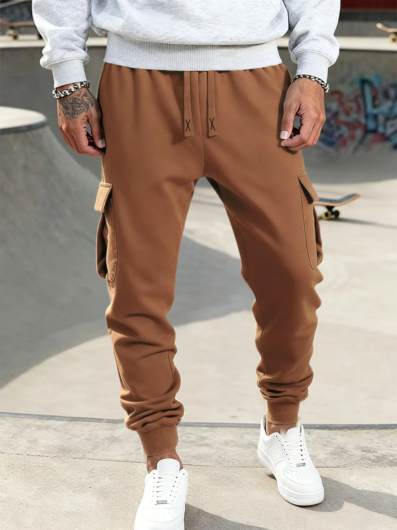 Mens Casual Pants Spring Autumn Sweatpants Drawstring Solid Color Workout Long Pants Fashion Gym Trousers with Pockets - 5