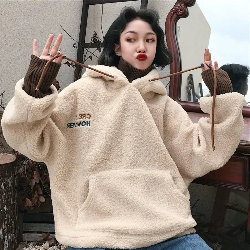 2024 Women Sweatshirt Spring Artificial Wool Hoodies Coats Warm Pullover Ladies Casual Winter Parka Outerwear Lamb Cashmere Tops furry car armrest cover artificial wool fur soft fluffy auto center console box pad covers universal cars accessories purple