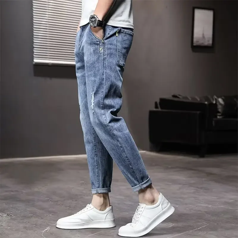 Spring New Men's Jeans Loose-fit Straight-leg Ripped Casual Nine-point Trousers Trendy Fashion Spring Autumn