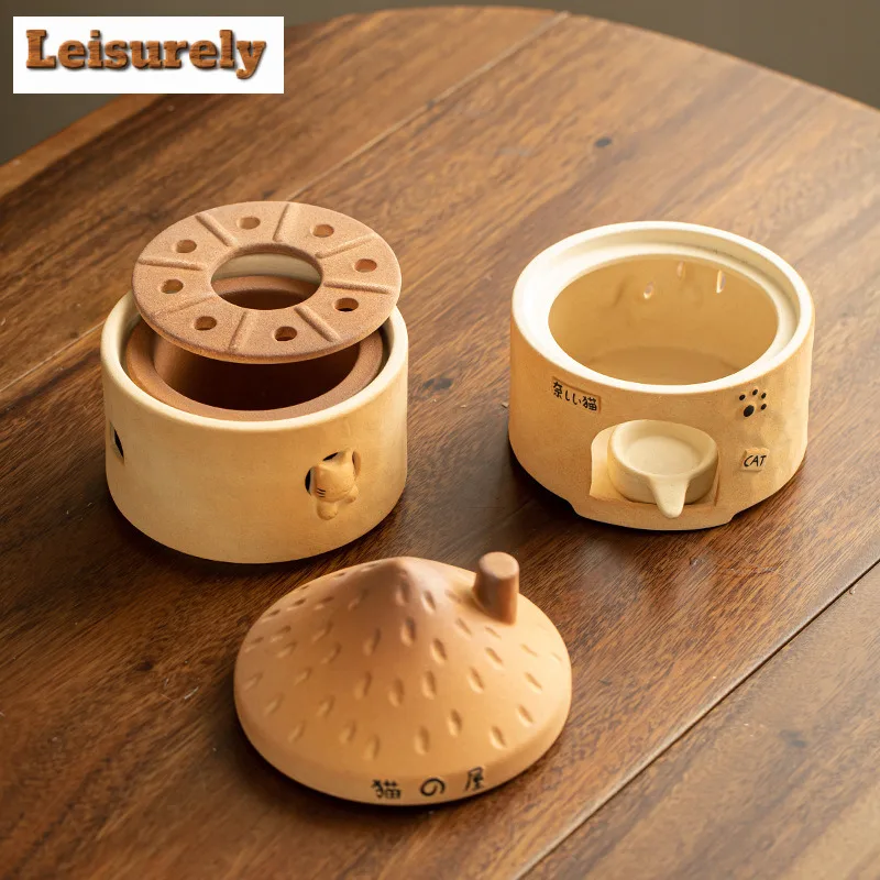 Cute Cat House Warm Tea Stove Charcoal Ceramic Candle Furnace Insulation Heating Base Boiling Water Kettle BBQ Holder Teaware