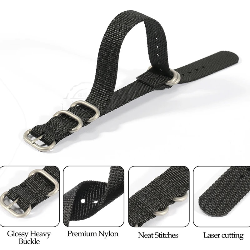 Heavy Duty Nylon Strap with Five-Ring Buckle - Canvas Watch Bracelet