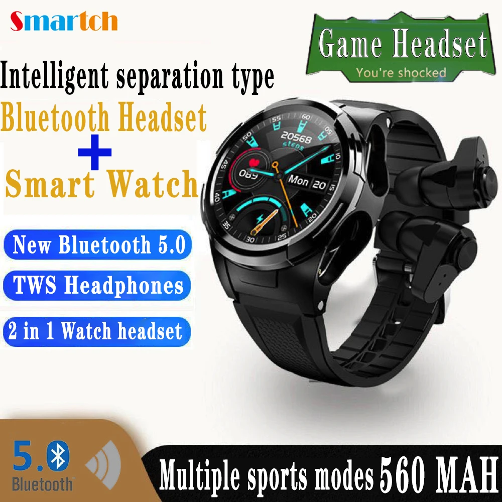 

2 In 1 TWS Game Headset Sound Quality Smart Watch Men Blue Tooth Earphones Heartrate Sport Smartwatch 180 Degree Dial rotation
