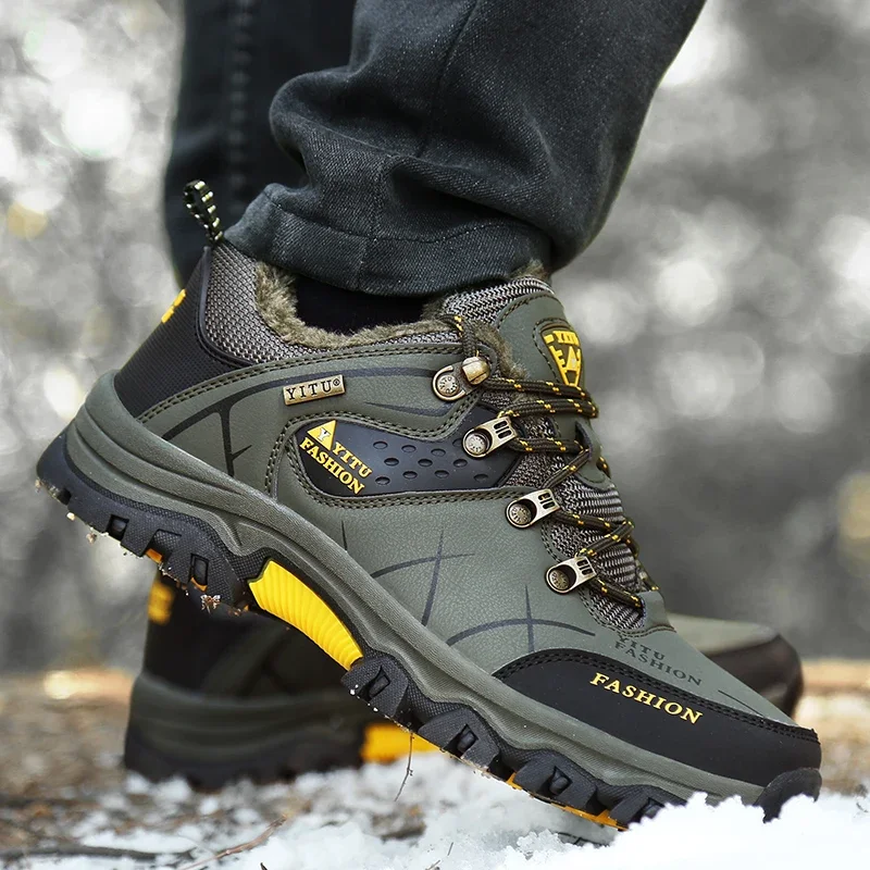 

Men Winter Snow Boots Waterproof Leather Sneakers Super Warm Men Platform Boots Outdoor Male Hiking Boots Work Shoes Plus Size