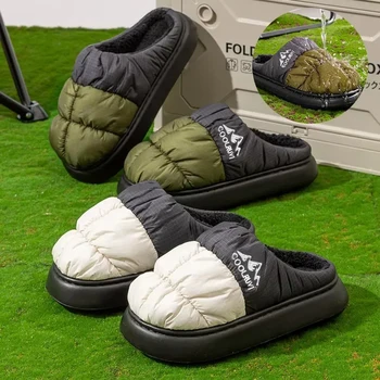 Thick Sole Down Waterproof Women Slippers Fashion Mix Color Non Slip Cotton Shoes Woman Comfy Outdoor Plush Warm Winter Slippers 1