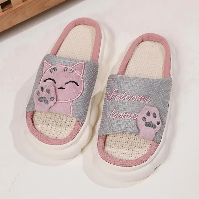 Linen Casual Slippers Women House Platform Cute Cartoon Cat Designer Shoes Girls Flat Fashion Elegant Footwear Indoor Large Size — view 5
