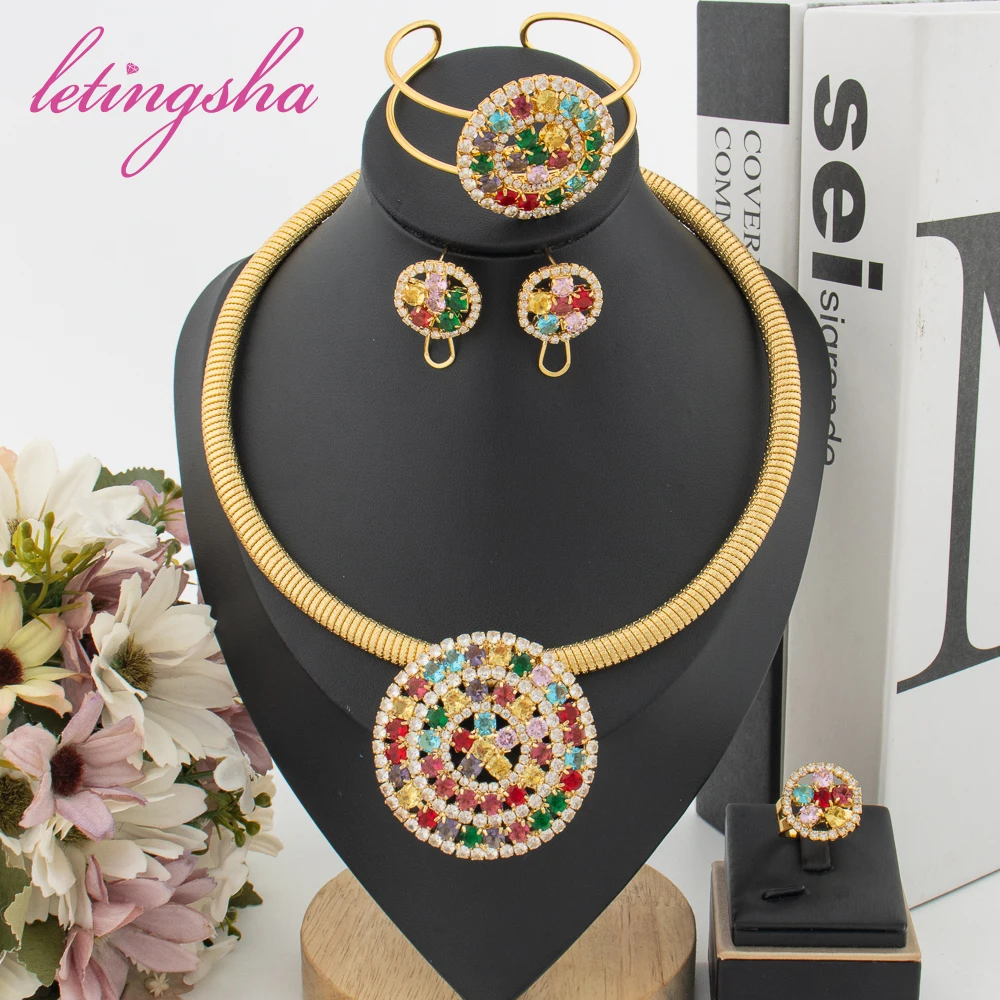 

Dubai Jewelry Set for Women Fashion Colored Zircon Pendant Earrings Cuff Bangle Ring Luxury Gold Color Necklace Set Party Gift