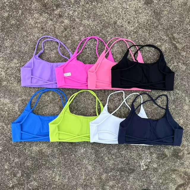 102311-4eab8e.jpg Soutien-gorge de yoga pour femme, couleur unie, à quatre bretelles croisées dans le dos, dos évidé, push-up, avec coussinets de poitrine, idéal pour le fitness et le sport