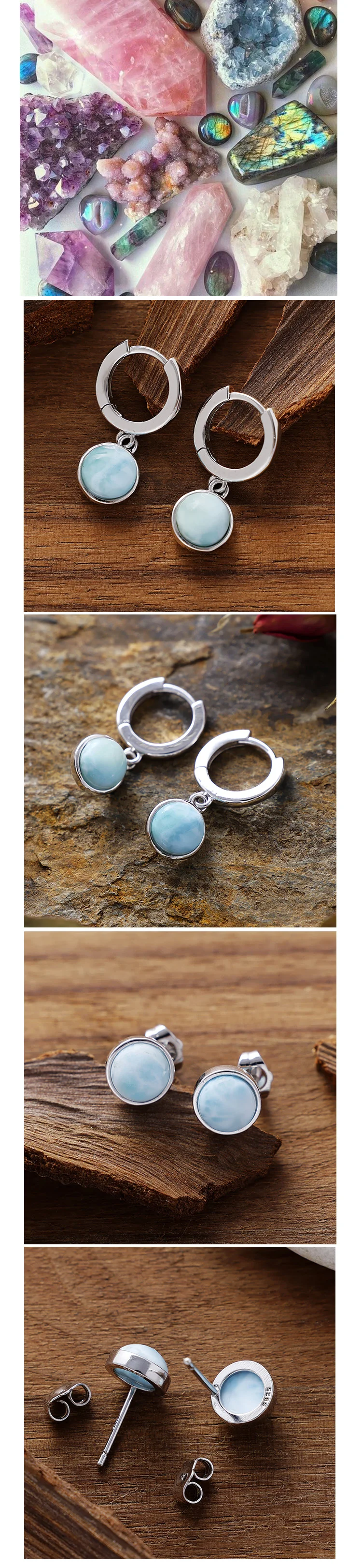 Creative Natural Gemstones Larimar Pectolite Hoop Dangle Earrings Healing Crystal Woman Drop Earrings Desiger Jewellery