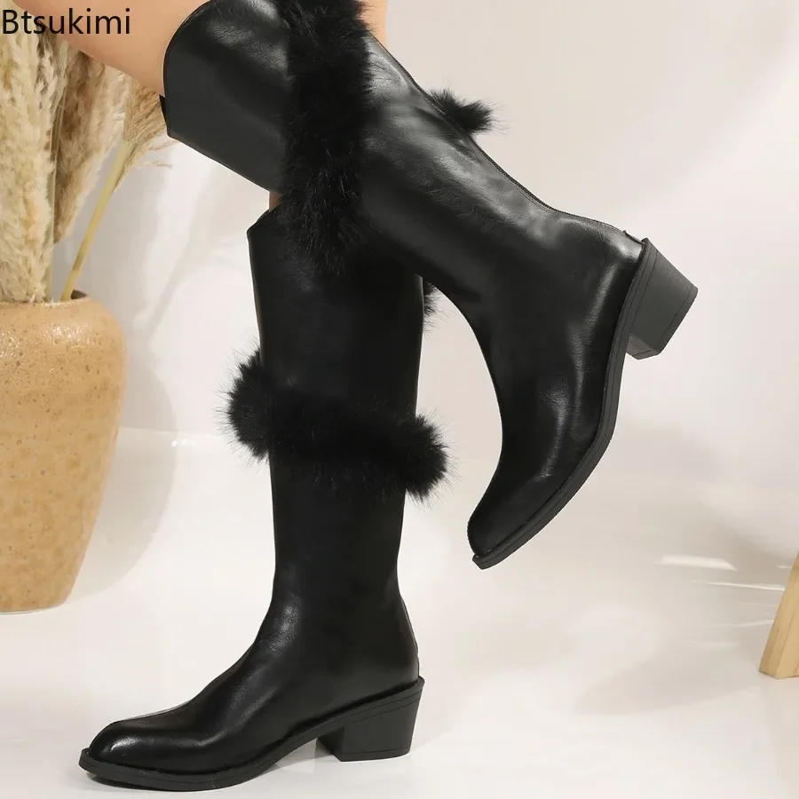 New 2024 Women's Modern Leather Boots Pointed Toe Zipper Knee Length Boots Shoes Square Heels Long Boots Female Club Party Shoes