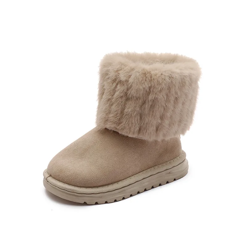 Outdoor Girls Winter Thermal Boots Classic Beige Soft Kids Fashion Ankle Snow Boots Warm Furry Causal Children's Cotton Boots