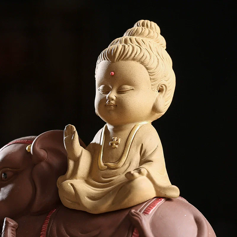 Zisha Clay Three Saints Statue - Zen Buddha Figurine for Tea Room Altar, Wealth Feng Shui Office Decor, Chinese Ceramic Art