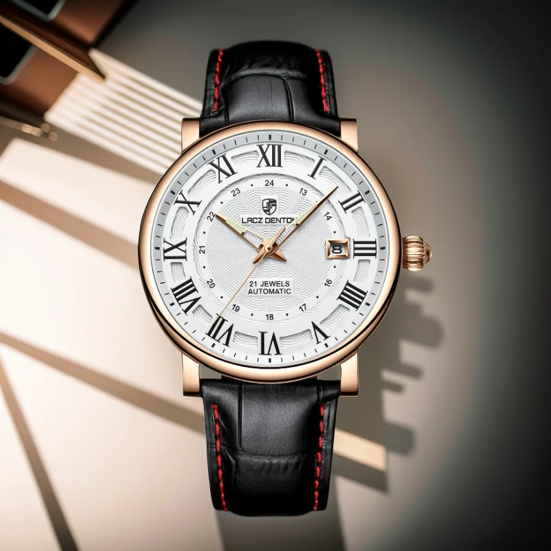 Lacz Denton LD1308 Mens Watch Leather Strap Roman numeral display Stainless steel Waterproof Rel&oacute;gios Masculinos