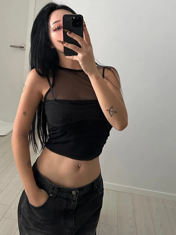 Nibber Fashion Tops 2 Piece Set Women Solid Skinny Camisole+Mesh Patchwork o-Neck Vests Street Trend Wild Style Sexy Outfits
