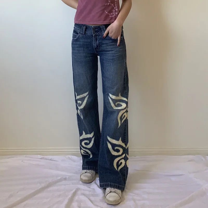 Printed Jeans Women's Old Style Butterfly Print Wide-leg Straight-leg Women's Jeans 2023 Fall/winter New Trousers Low Waist
