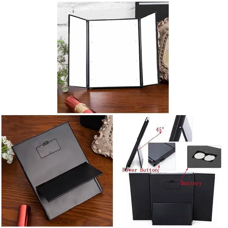 Tri-Fold Makeup Mirror with LED Light Portable Travel Compact Pocket Mirrors Travel Fold Cosmetic Mirror 4
