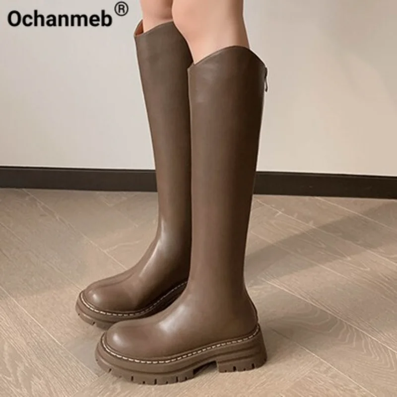 

Ochanmeb Women Genuine Leather Knee-High Boots Square Heels Round Toe Riding Zipper Platforms Boots Woman Khaki 39 Autumn Winter