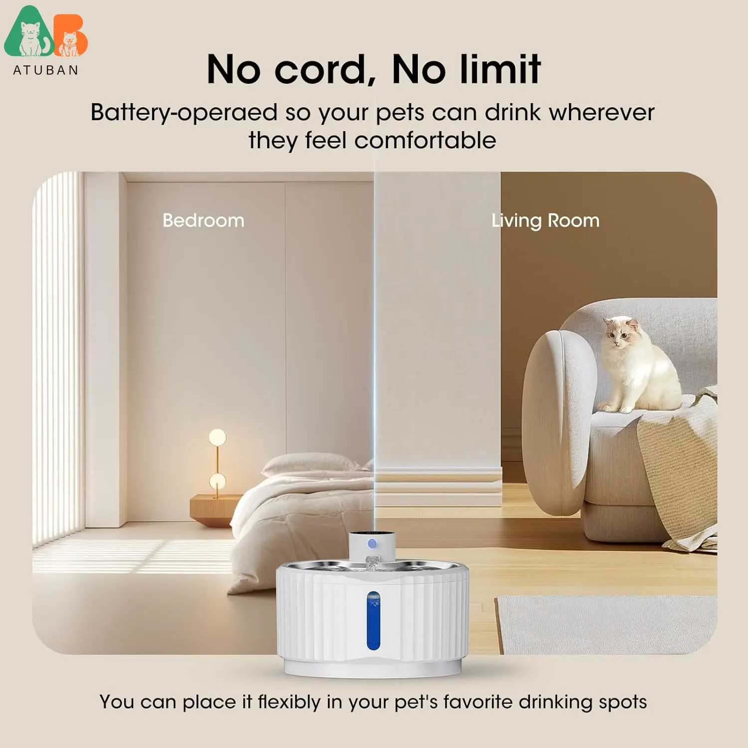 ATUBAN Wireless Cat Water Fountain, 95 oz/2.8 L Battery Operated Pet Water Fountain for Automatic Dog Water Fountain,Quiet Pump 2