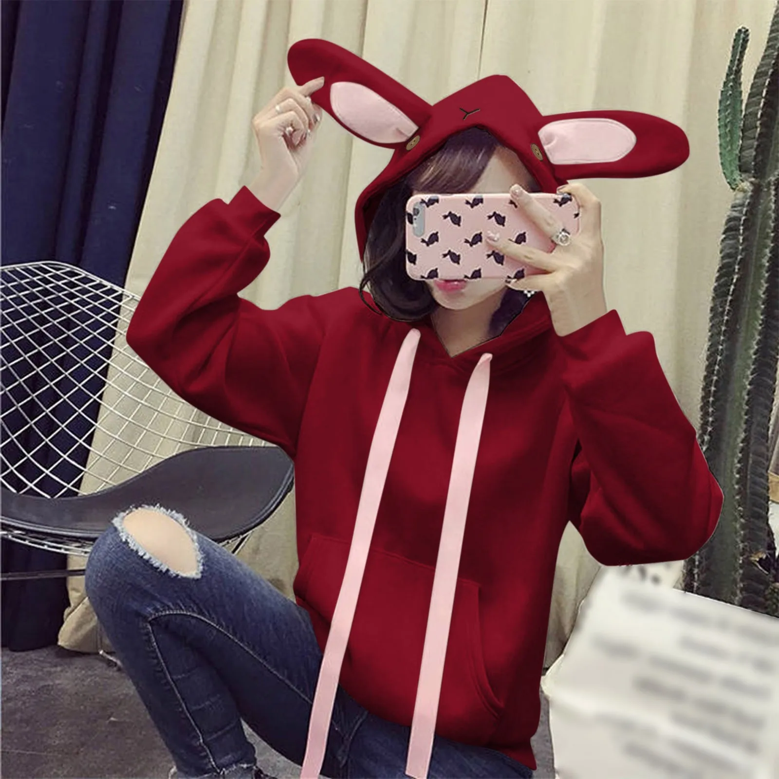 

Chic Autumn Winter Bunny Hoodie Women Rabbit Ears Top Hoodie Long Sleeve Loose Sweatshirt Kawaii Pink Red Tops