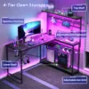 L-Shaped Reversible Gaming Desk with Power Outlet and 4 Tiers Shelves, Black Marble 5