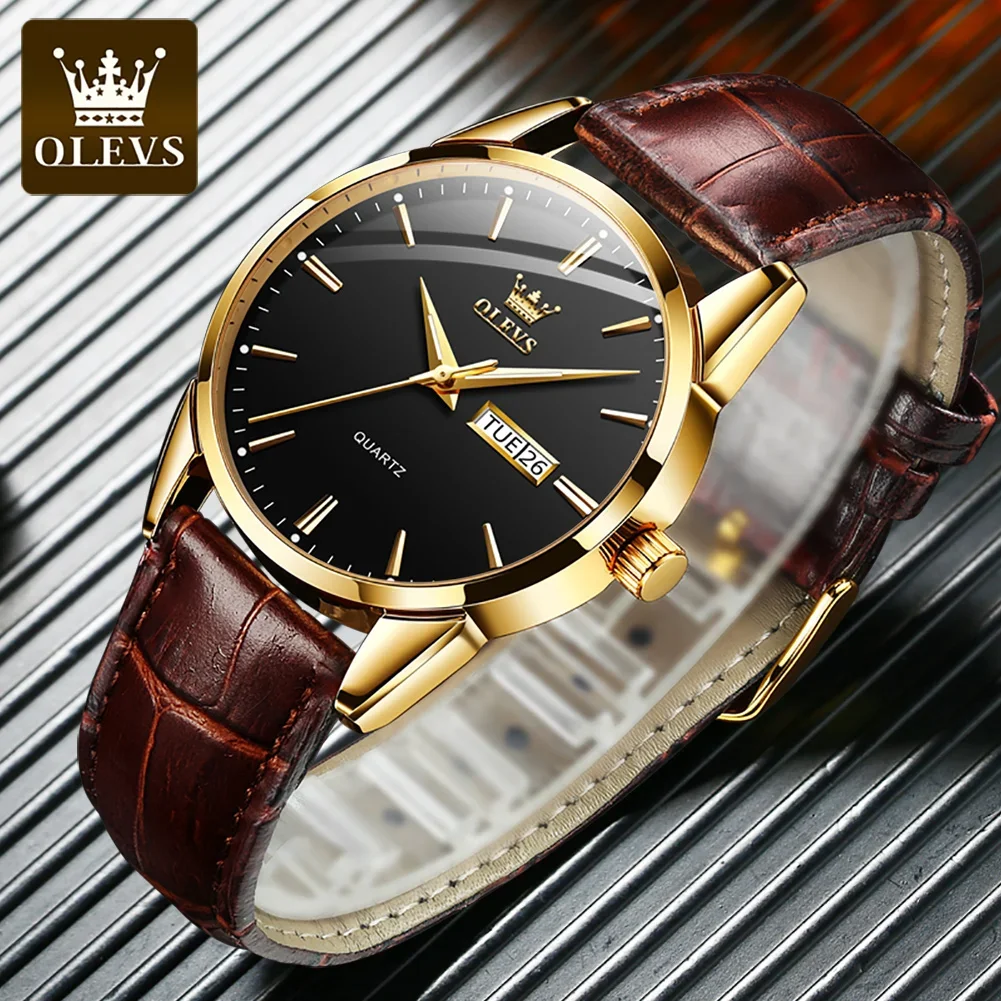 OLEVS 6898 Quartz Waterproof Watches For Men, High quality Exquisite Genuine Leather Strap Business Men Wristwatches Calendar images - 6