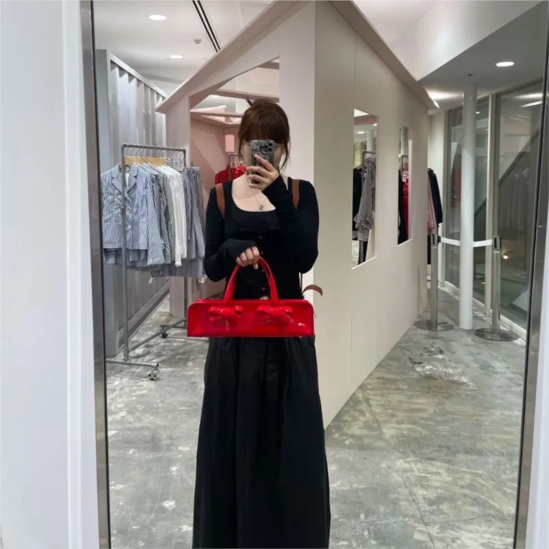 JIAERDI Retro Bow Red Y2k Hand Bag Purse Women Hot Girls Leather Zipper Shoulder Bags Ladies Fairy Core Aesthetic Underarm Bag