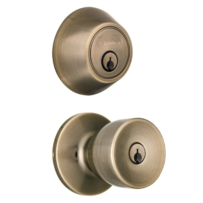 

Brinks, Keyed Entry, Tulip Style Doorknob and Deadbolt Combo Pack, Antique Brass Finish