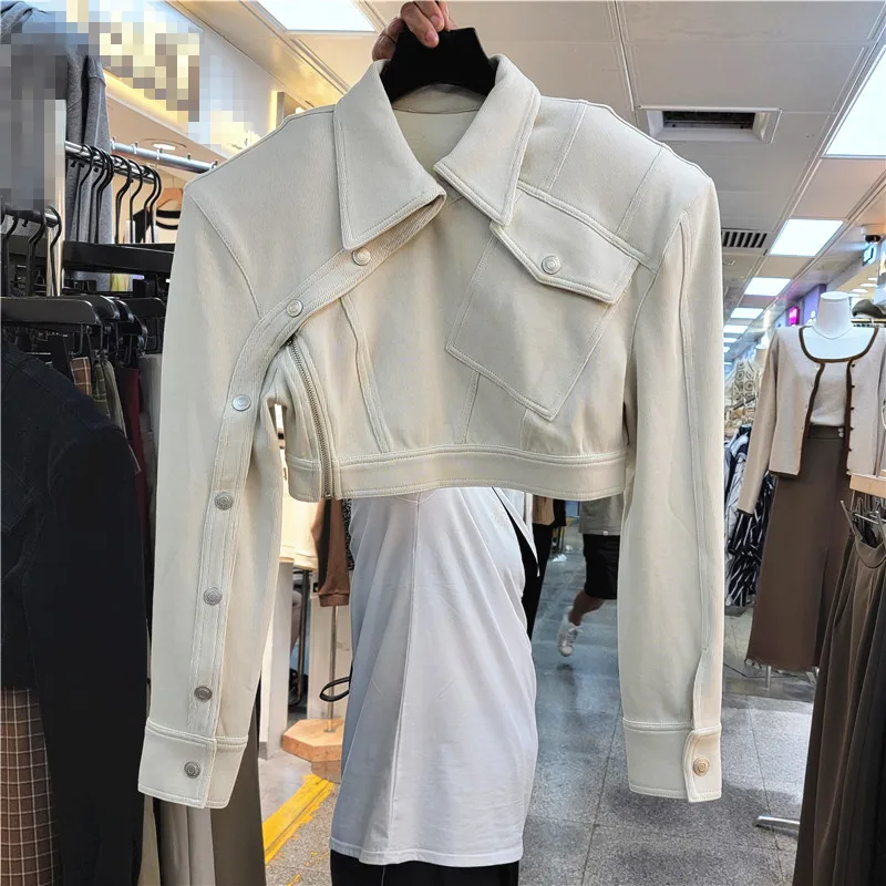 

Early autumn 2022 new design feeling irregular button zipper long-sleeved jacket short coat lapels female women jacket
