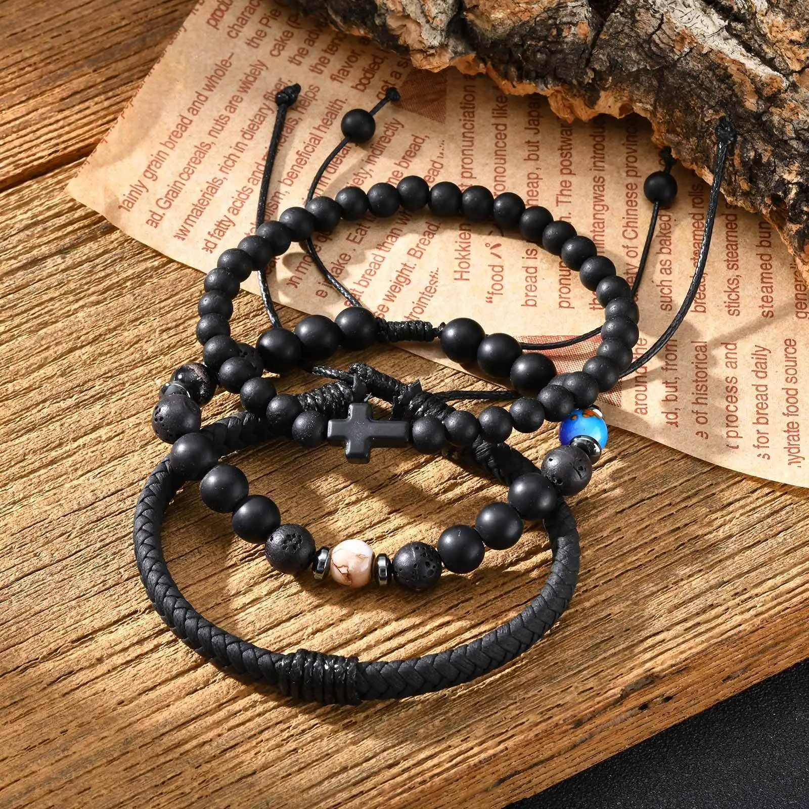 3pcs Punk Men's Bracelet,Black Color Natural Stone Beaded Bracelet,Cross Charm Wristband Gift