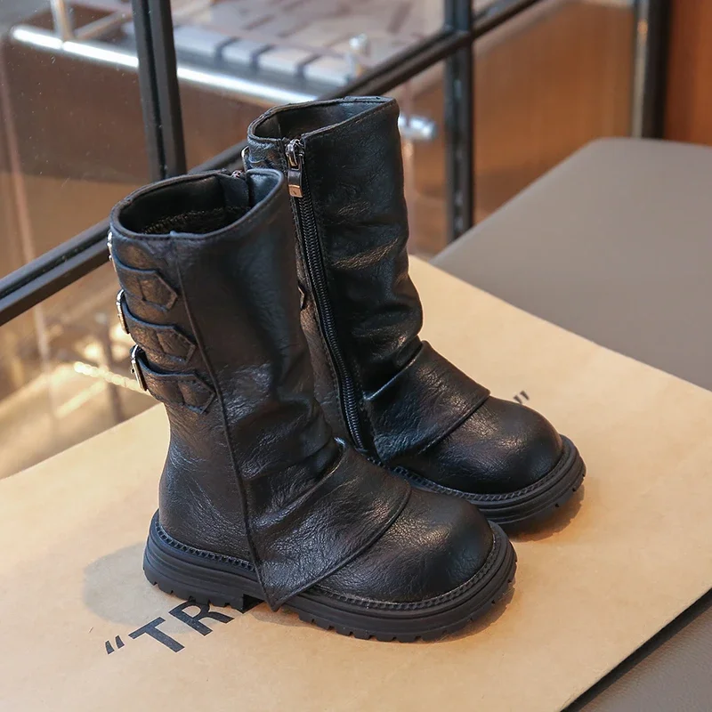 Girls Long Leather Boots Classic Children Fashion Catwalk Boots Simple Thick Bottom Kids Winter Warm Princess Boots 2026 New