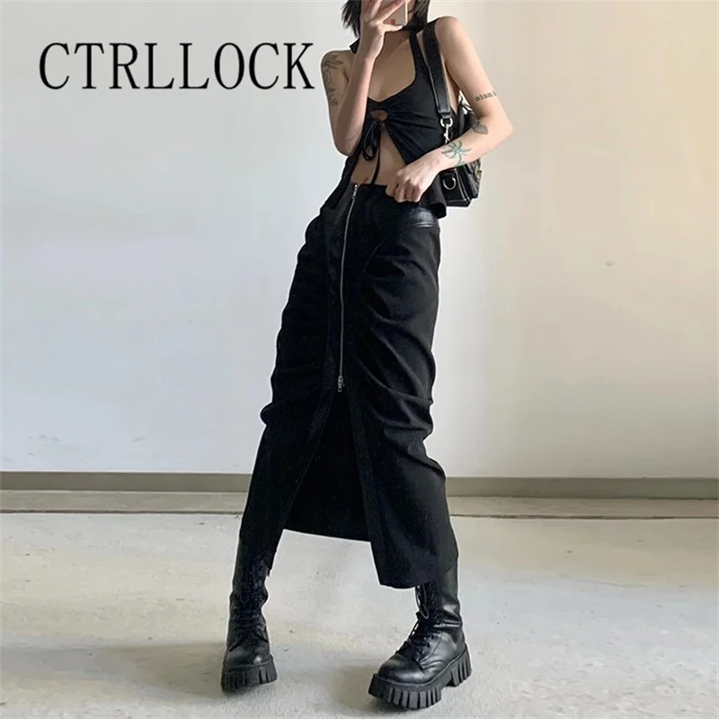 

CTRLLOCK Irregular Y2k Pu Patchwork Zipper Skirt Women's High Waist Thin Ankle Length Skirts Punk Streetwear