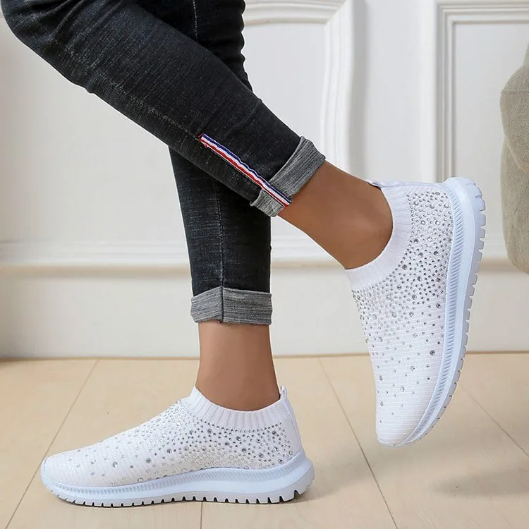 women Fashion Crystal Sneakers Breathable Mesh Slip On Flat Shoes