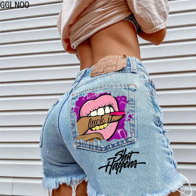 

GGLNOO Summer Women Denim Shorts 2022 Fashion Mouth Print High Waist Ripped Jeans Shorts Plus Size Sexy Short Jeans Streetwear