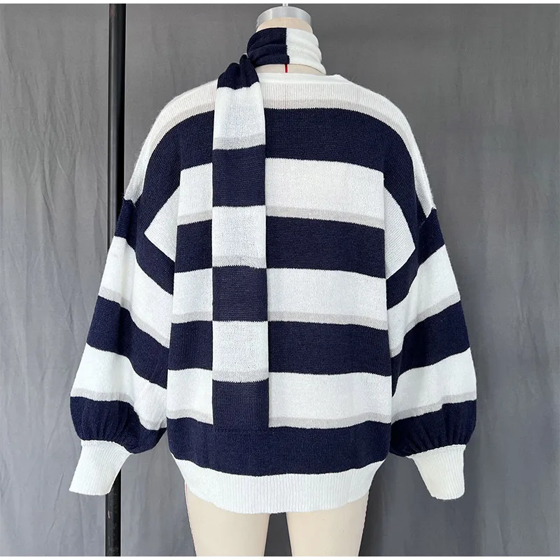Loose Mohair Striped V-neck Cardigan Women With Scarf Fashion Lantern Sleeve Single Breasted Knitwear Casual Lady New Streetwear
