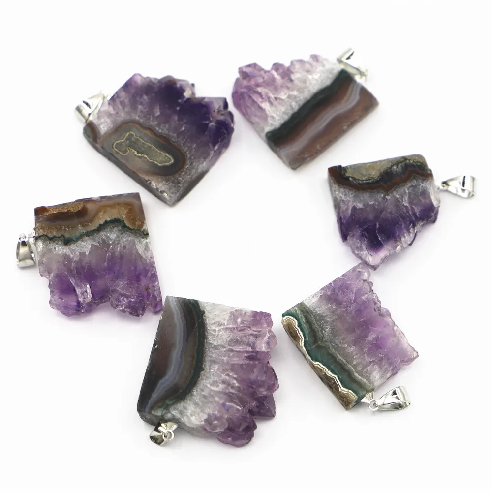 

New Natural Stone Amethysts Slice Druzys Mexican Pendants Healing Crystal Quartz Necklace Male Raw Slab Geode Women Jewelry 6PCS