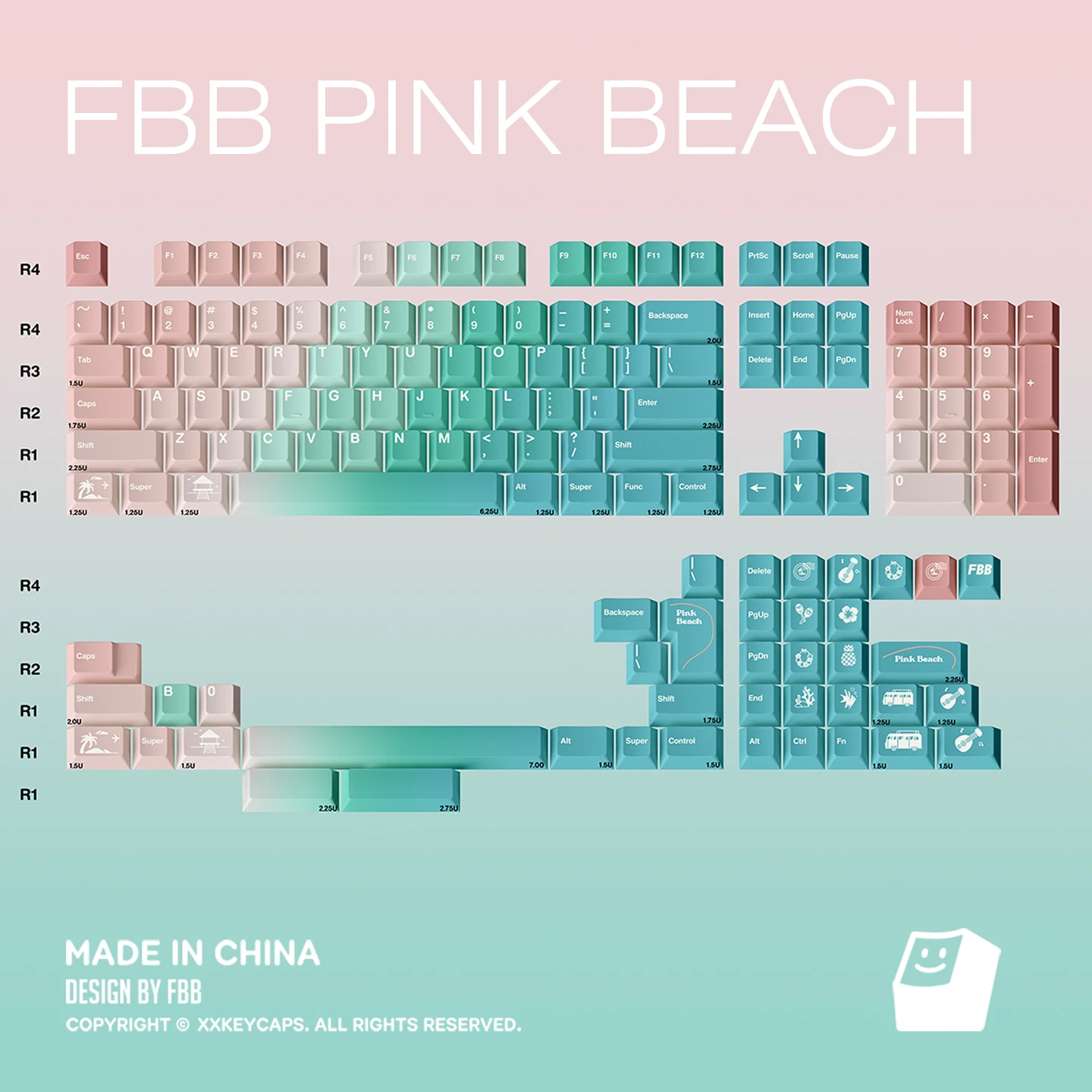 FBB 키캡 핑크 비치 테마 그라데이션 컬러 PBT 키캡 60%, 75%, 80%, 96%, 100% 기계식 키보드용 키캡 DIY 선물 소녀용