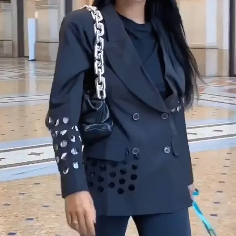

New Lapel Long Sleeve Slim Jacket Black White Hollow Out Double Breasted Blazer Casual Fashion Female Autumn 2021 Women Clothing