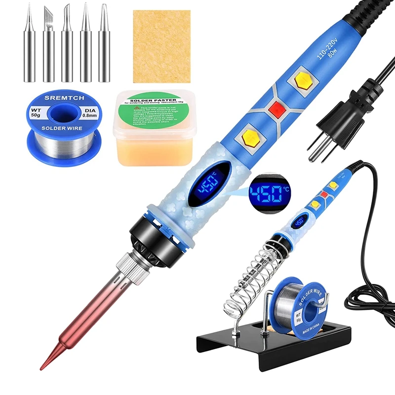 Promotion! Soldering Iron Kit, 80W LCD Digital Soldering Iron, 10 In 1 Soldering Tool With Flux