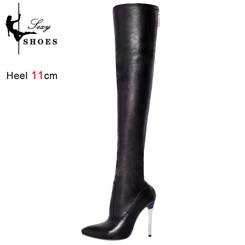 Women Over-the-Knee Thigh High Long Boots Pointed Toe Metal Zipper Spring Autumn Stretch Boots Big Size 34-44 Thin Heel Stiletto