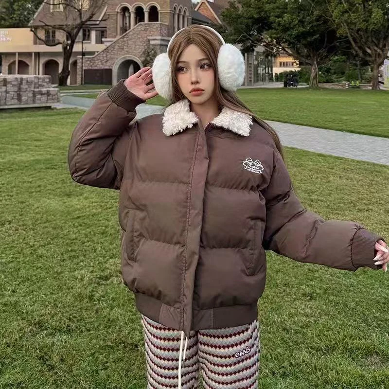 Lambswool Turn Down Collar Short Parkas Women American Retro Long Sleeve Cotton Padded Jackets Woman Thicken Warm Cropped Parkas