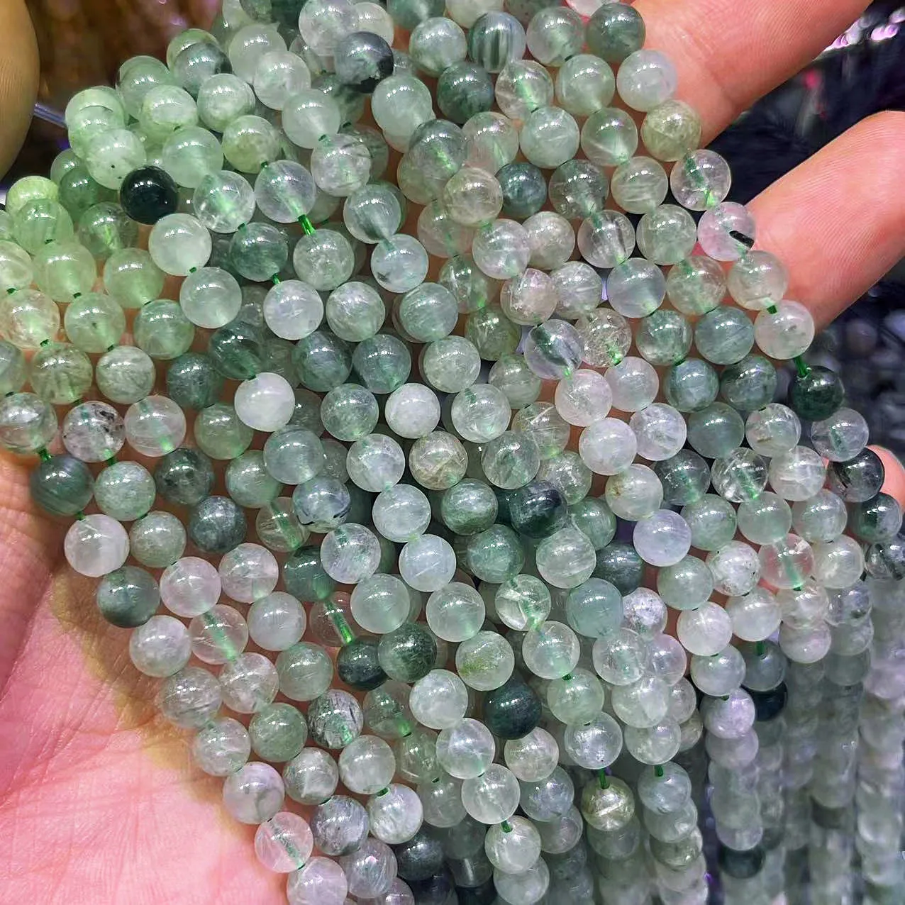 Top Grade Natural Green Hair Crystal Stone 6/8/10MM Round Quartz Rutilated Smooth Loose Charm Beads For DIY Bracelet Jewelry