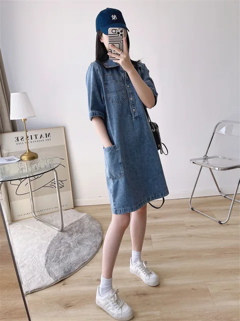 Women's Vintage Polo Neck Knee Length Denim Dress, Korean Cargo Baggy,  Straight Half Sleeve Pocket Shirts, Jeans Dresses, Summer - AliExpress  200000345