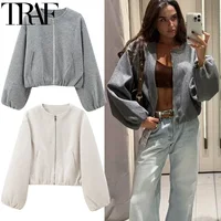 TRAF Outerwears Cropped Bomber Jacket Women Autumn Long Sleeve Faux Wool Coats For Woman Winter Zip Up Gray Beige Short Coats 1