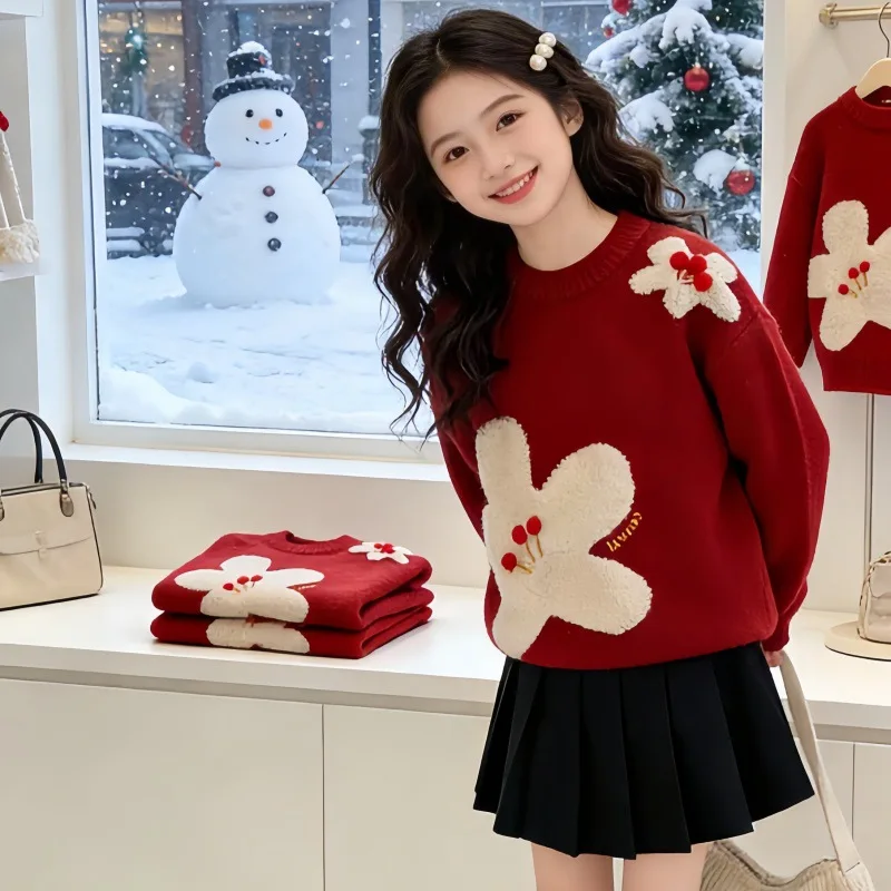 여아 꽃무늬 스웨터 풀오버 스웨터 아동복 빨간색 니트 스웨터  스웨터 아동복 여아옷 2026